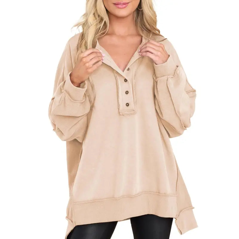 💝💝Women's Oversized Henley Sweatshirt Tunic – Long Sleeve V Neck Pullover Top, Cozy Casual Loose Fit Fall Sweater