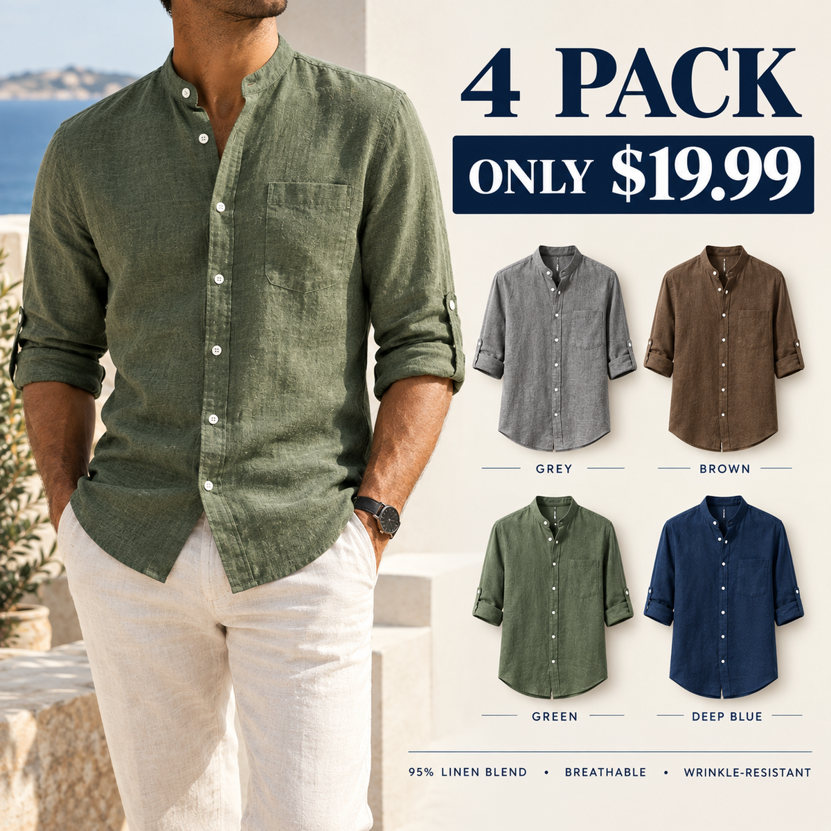 💚Men's Linen Long Sleeve Stand Collar Shirt