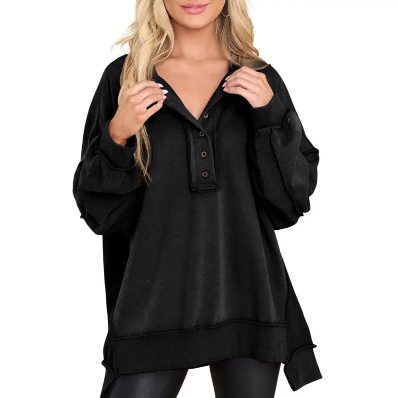 💝💝Women's Oversized Henley Sweatshirt Tunic – Long Sleeve V Neck Pullover Top, Cozy Casual Loose Fit Fall Sweater