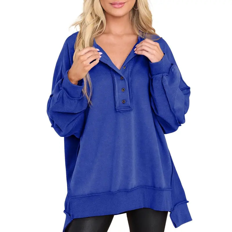 💝💝Women's Oversized Henley Sweatshirt Tunic – Long Sleeve V Neck Pullover Top, Cozy Casual Loose Fit Fall Sweater
