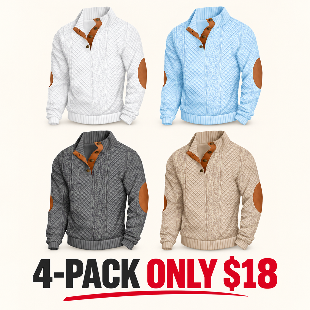 🌿🌿LAST DAY SAVE 49%⌛Men's Stand Collar Jacquard Knit Sweater, Micro Stretch 100% Polyester Elbow Patch Long Sleeve Top