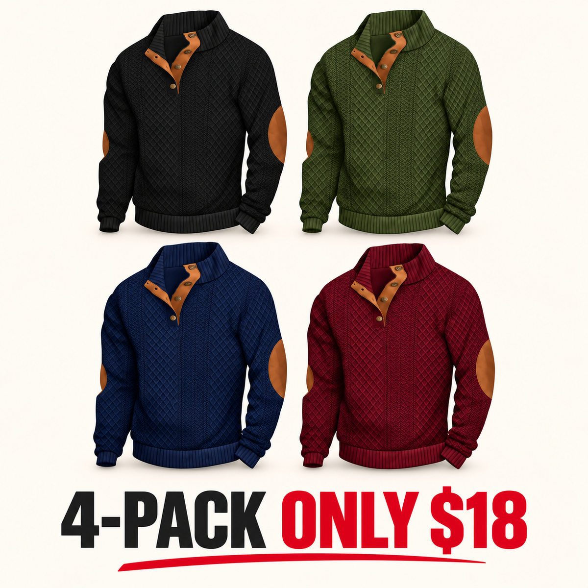 🌿🌿LAST DAY SAVE 49%⌛Men's Stand Collar Jacquard Knit Sweater, Micro Stretch 100% Polyester Elbow Patch Long Sleeve Top