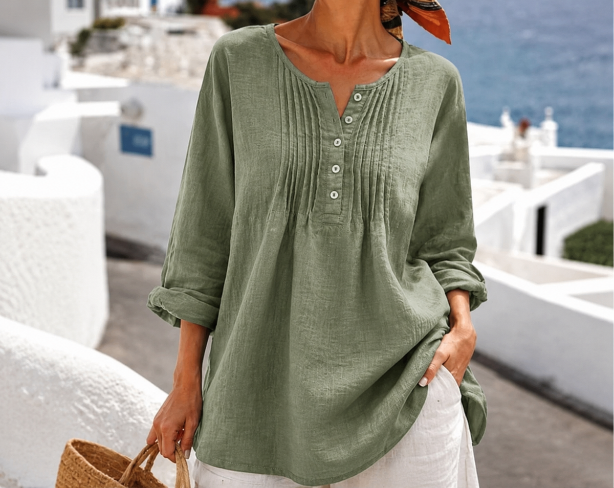 💚Women's Casual Pleated Henley Blouse – Long Sleeve Relaxed Fit Top