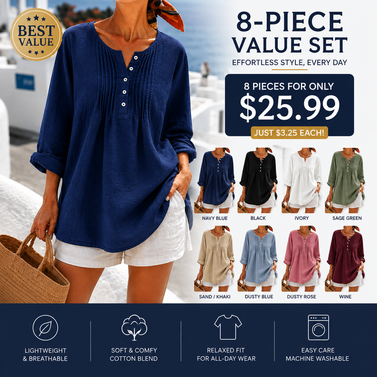 💚Women's Casual Pleated Henley Blouse – Long Sleeve Relaxed Fit Top