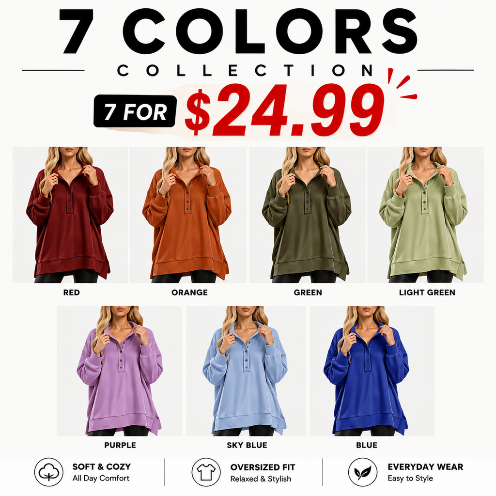 💝💝Women's Oversized Henley Sweatshirt Tunic – Long Sleeve V Neck Pullover Top, Cozy Casual Loose Fit Fall Sweater