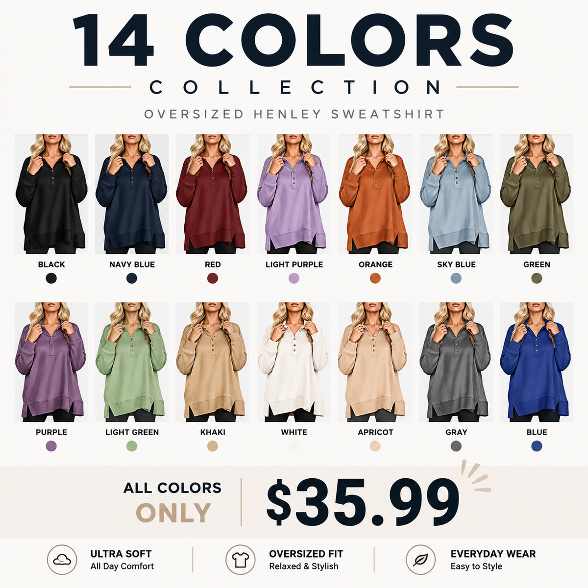 💝💝Women's Oversized Henley Sweatshirt Tunic – Long Sleeve V Neck Pullover Top, Cozy Casual Loose Fit Fall Sweater