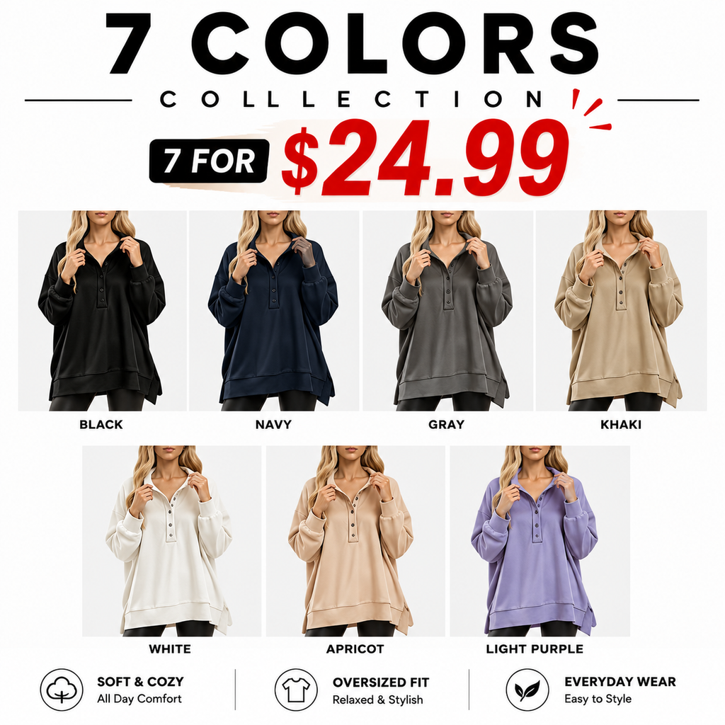 💝💝Women's Oversized Henley Sweatshirt Tunic – Long Sleeve V Neck Pullover Top, Cozy Casual Loose Fit Fall Sweater