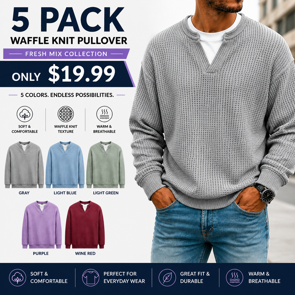 💚Men's Layered Comfort Waffle Knit Pullover – Soft Thermal Long Sleeve Sweater