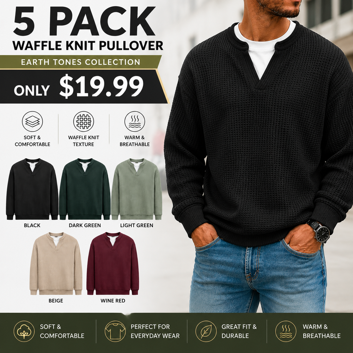 💚Men's Layered Comfort Waffle Knit Pullover – Soft Thermal Long Sleeve Sweater
