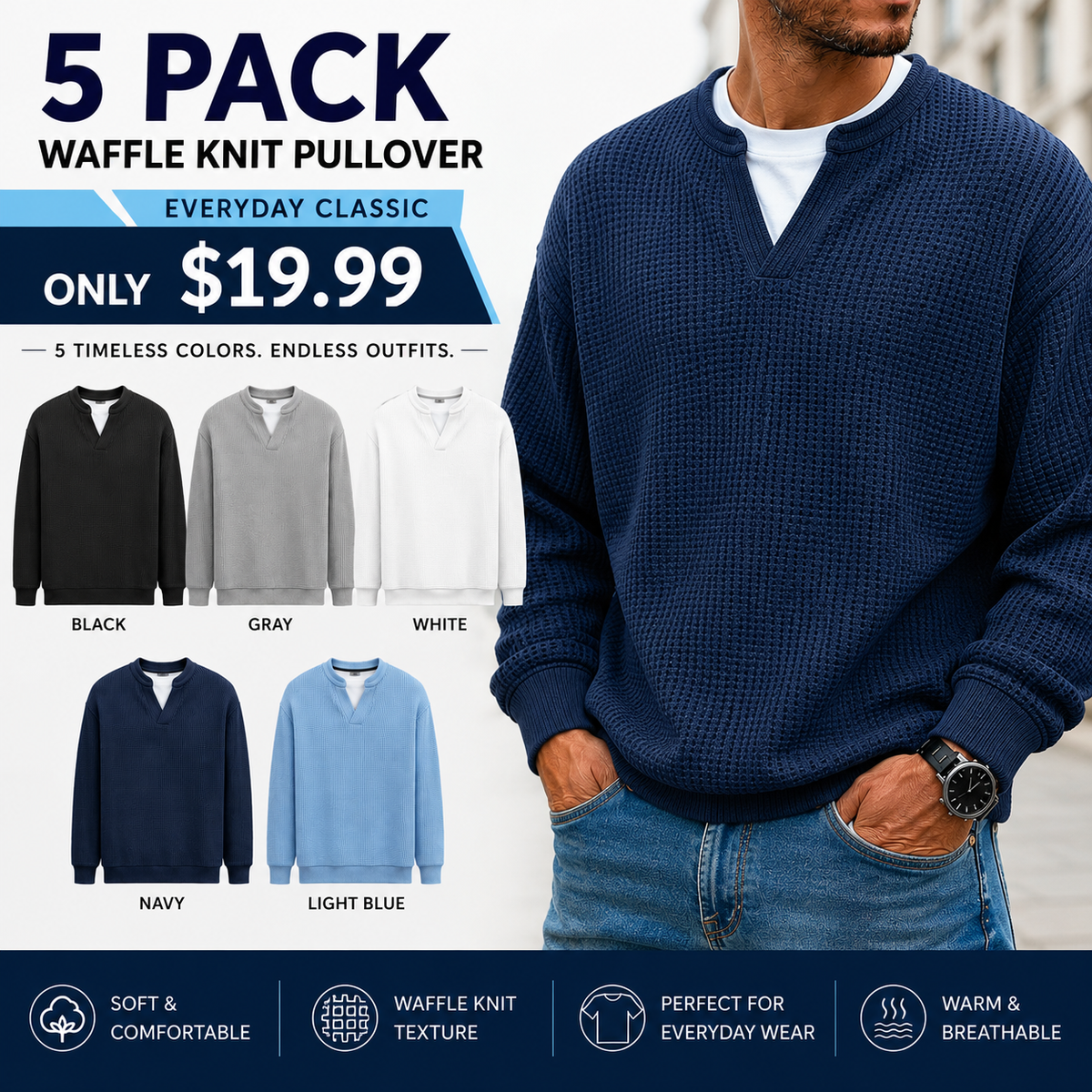 💚Men's Layered Comfort Waffle Knit Pullover – Soft Thermal Long Sleeve Sweater