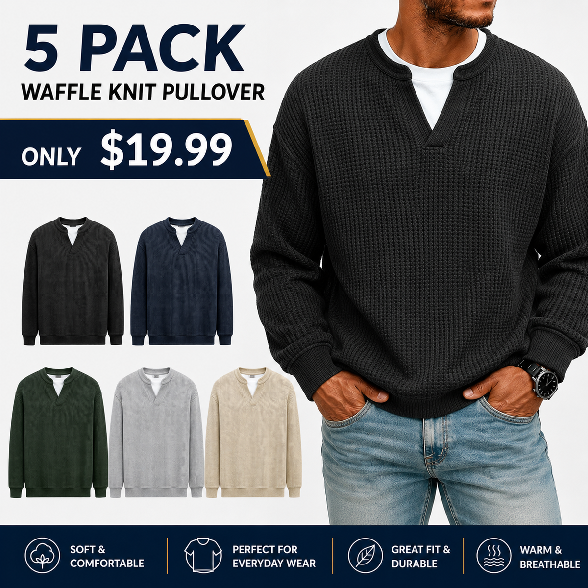 💚Men's Layered Comfort Waffle Knit Pullover – Soft Thermal Long Sleeve Sweater