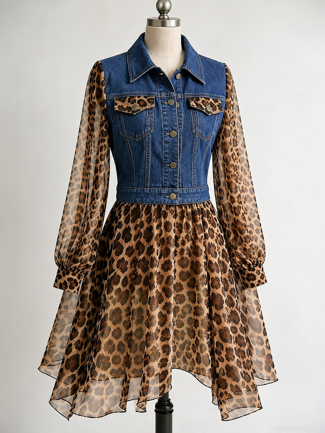 💚Milan Denim Bodice Leopard Dress