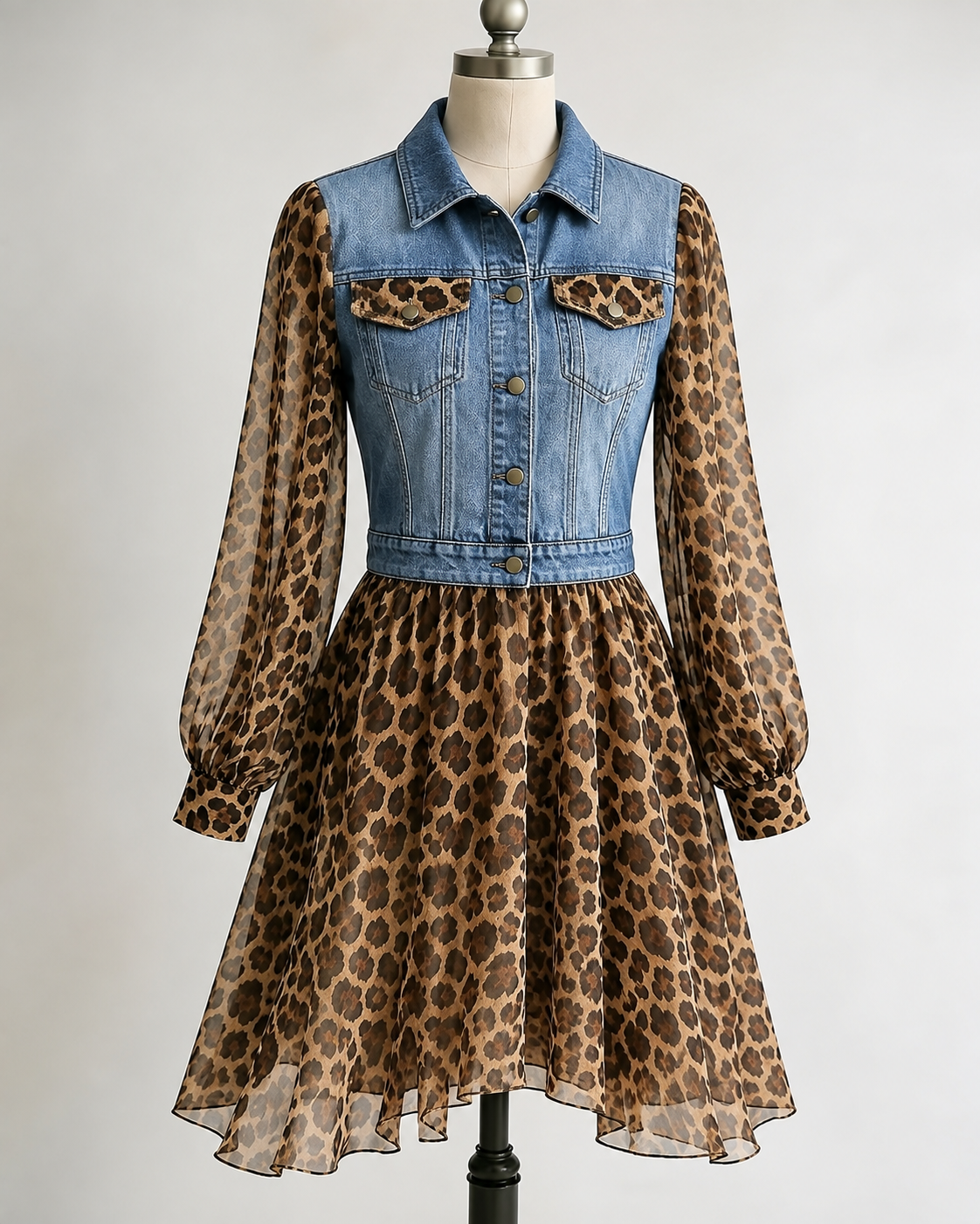 💚Milan Denim Bodice Leopard Dress