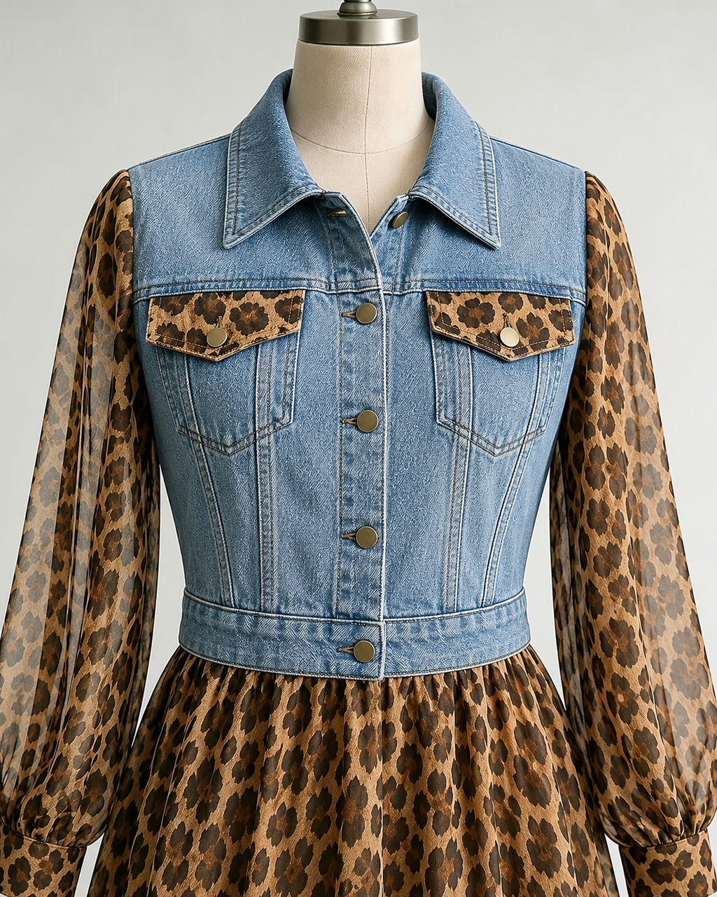 💚Milan Denim Bodice Leopard Dress
