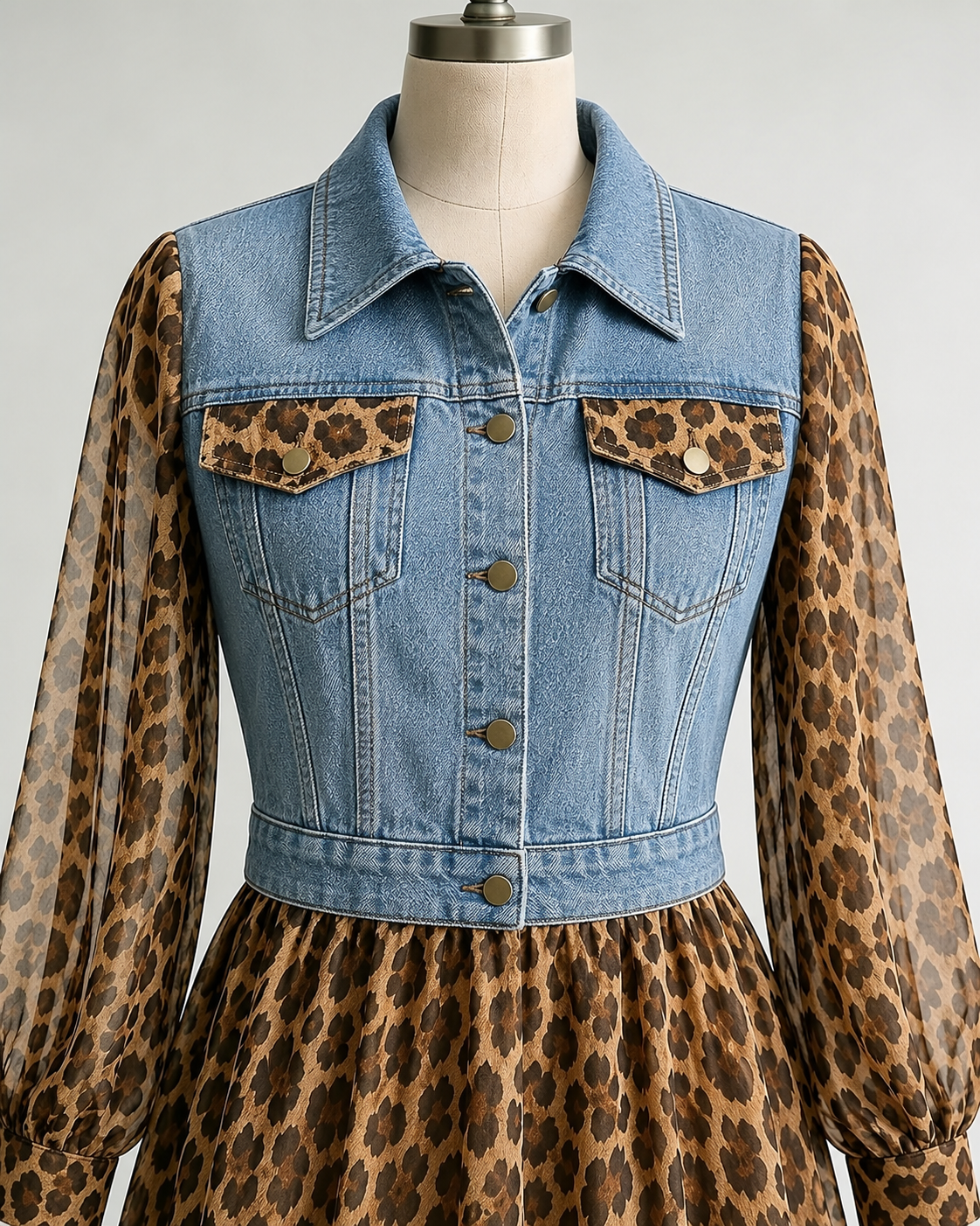 💚Milan Denim Bodice Leopard Dress