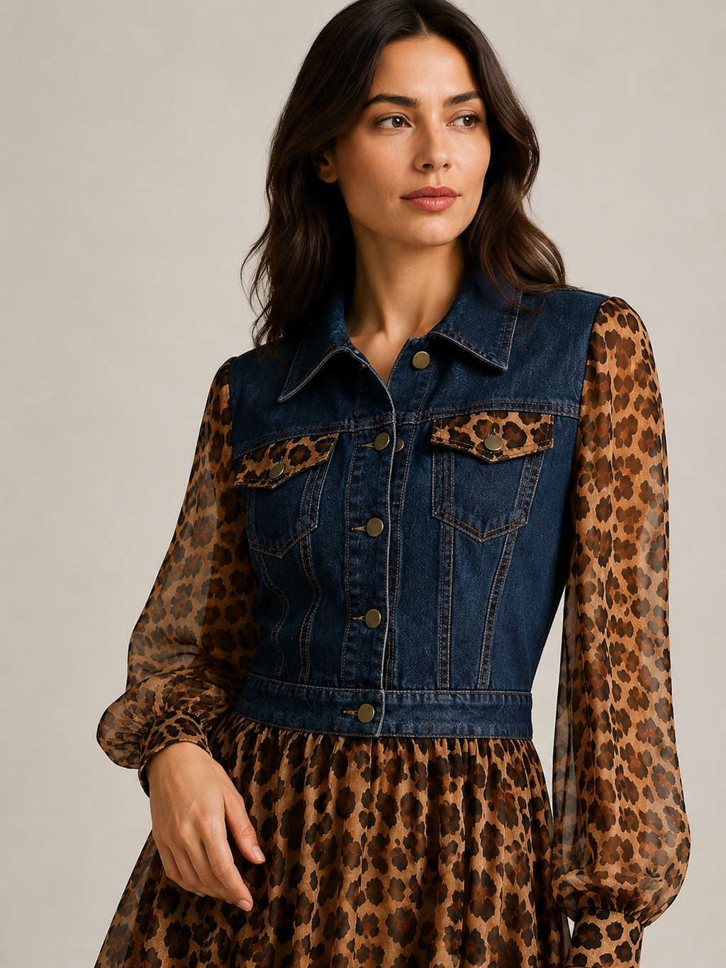 💚Milan Denim Bodice Leopard Dress