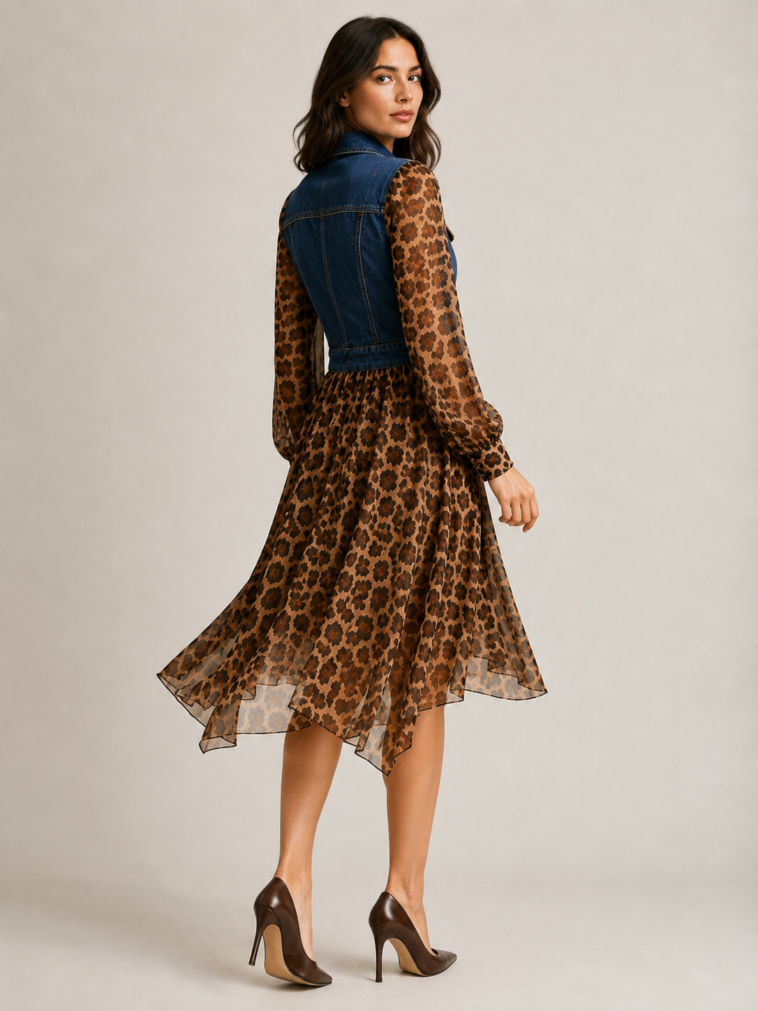 💚Milan Denim Bodice Leopard Dress