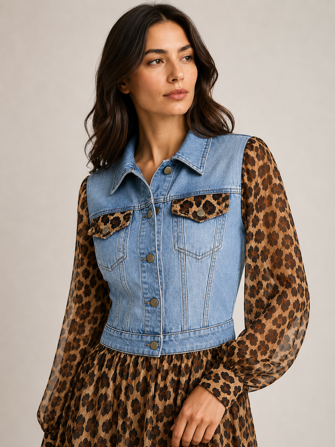 💚Milan Denim Bodice Leopard Dress