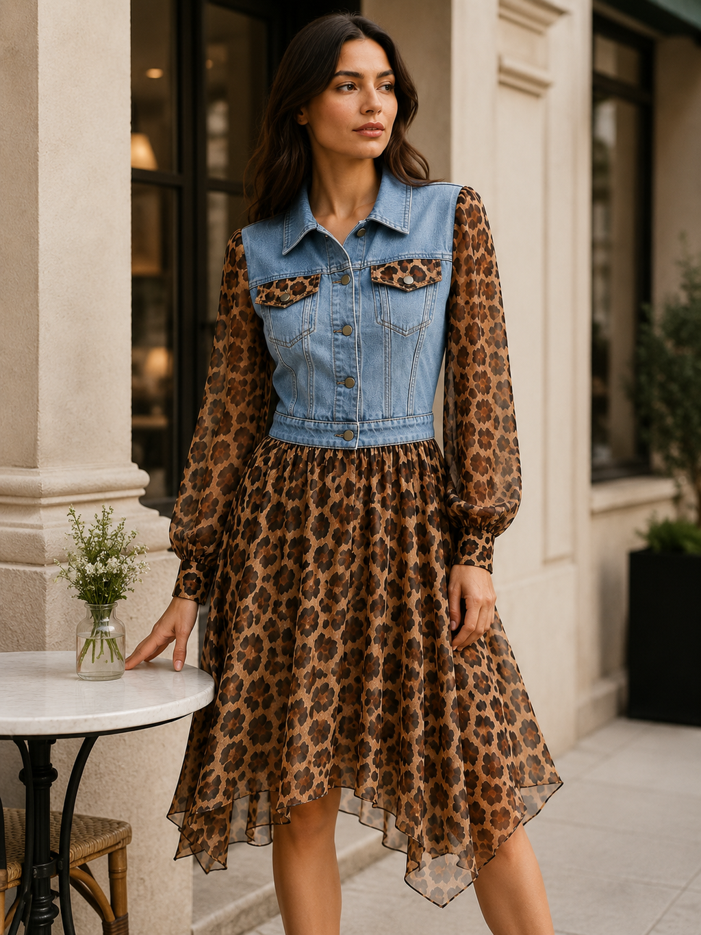 💚Milan Denim Bodice Leopard Dress