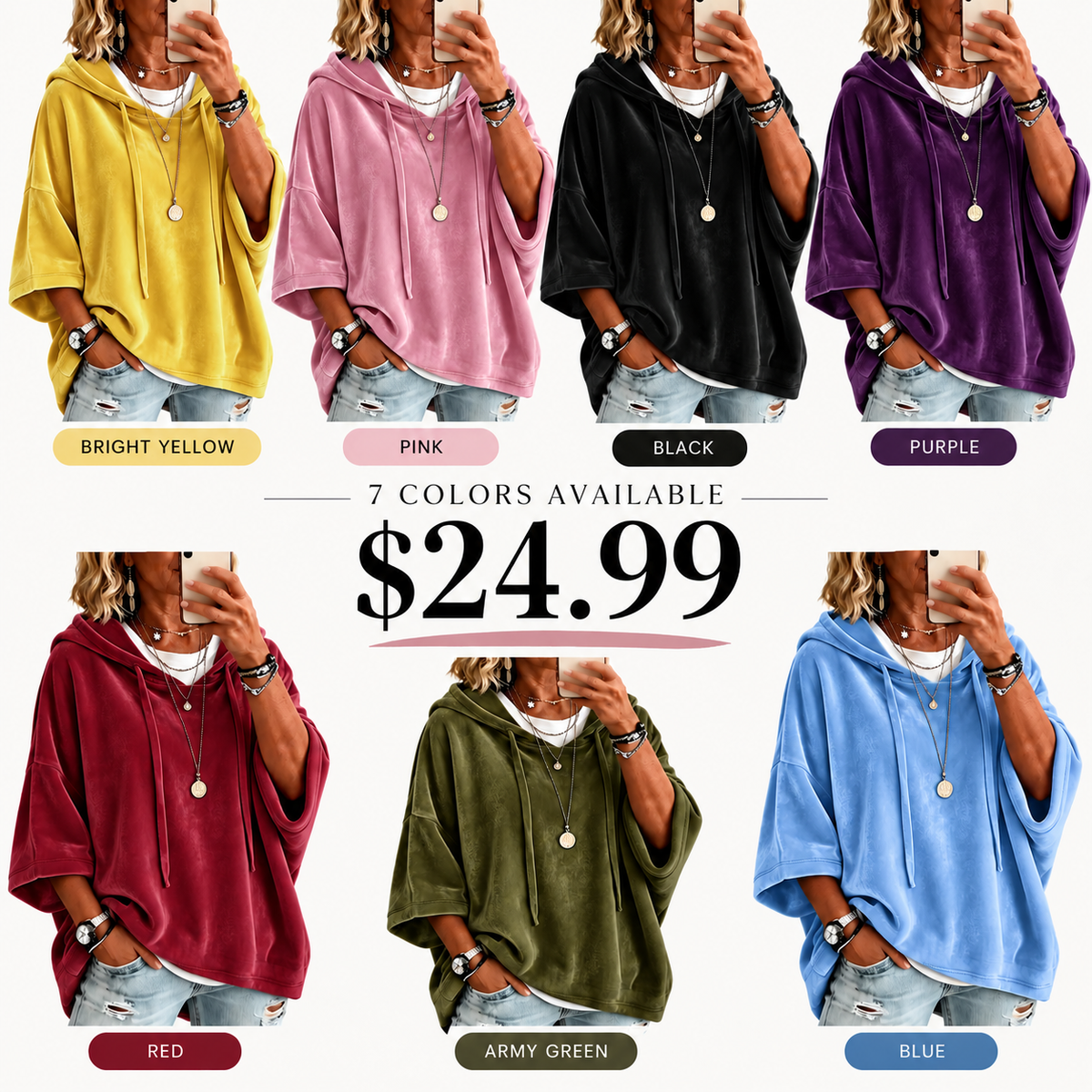 💝💝Women’s 3/4 Sleeves Minimalist Velour Hoodie Top