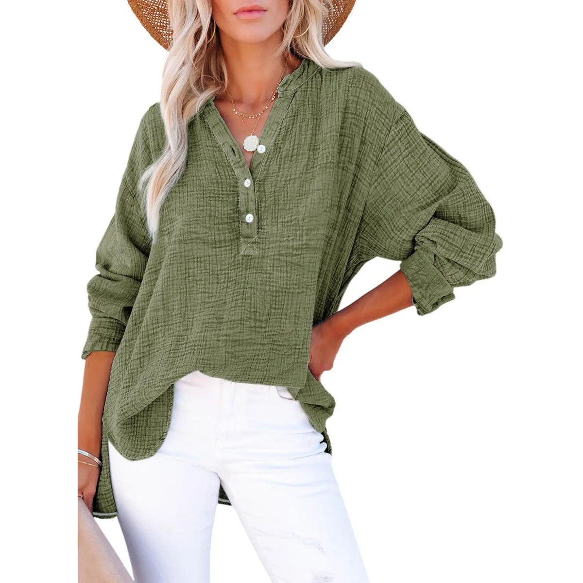 💝💝Womens Casual Button V Neck Long Sleeve Shirts Oversized Solid Blouses Tops