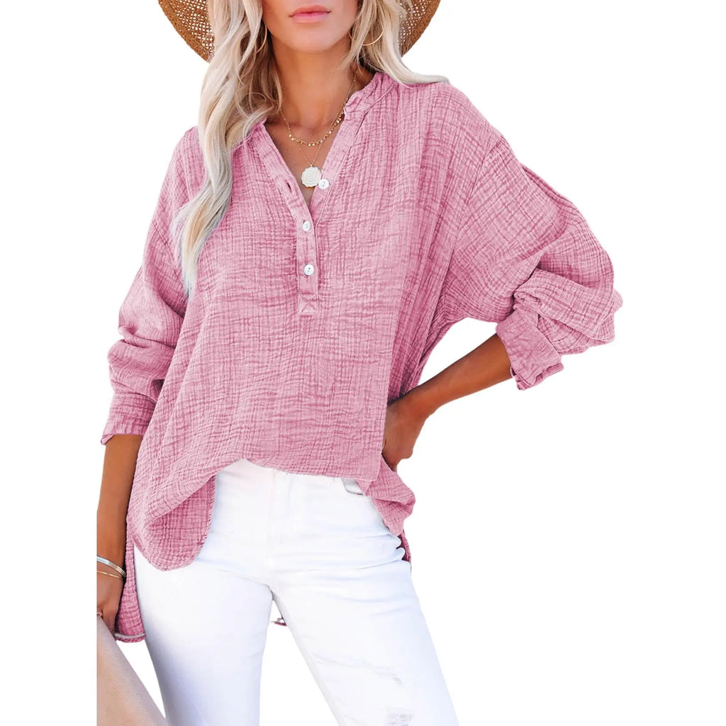 💝💝Womens Casual Button V Neck Long Sleeve Shirts Oversized Solid Blouses Tops