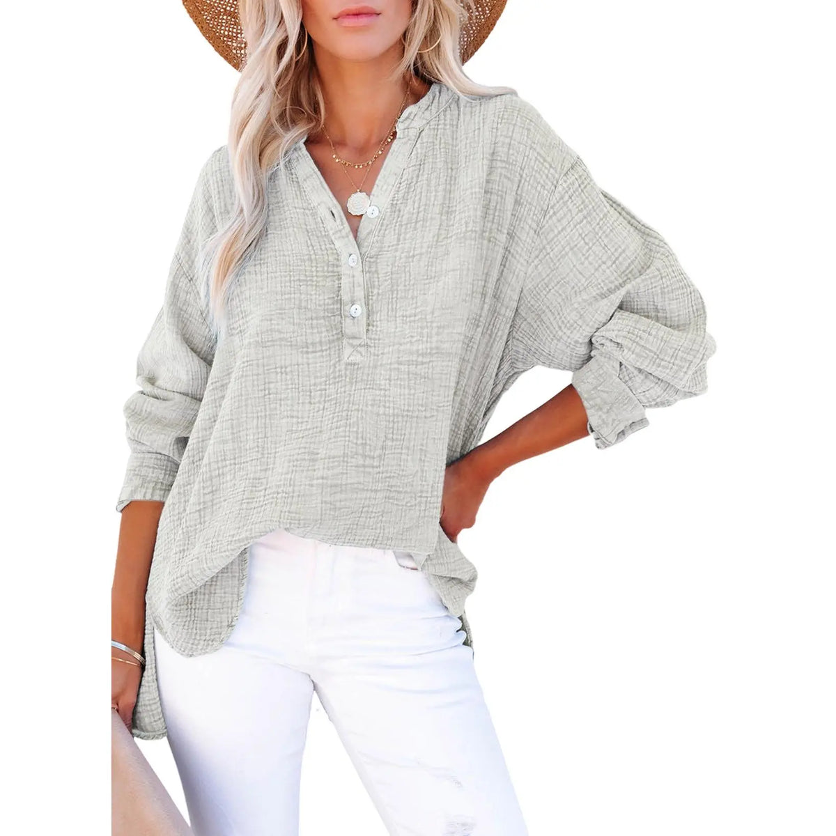 💝💝Womens Casual Button V Neck Long Sleeve Shirts Oversized Solid Blouses Tops
