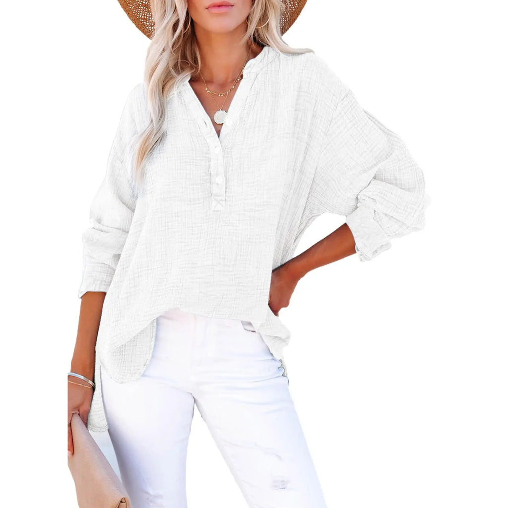 💝💝Womens Casual Button V Neck Long Sleeve Shirts Oversized Solid Blouses Tops