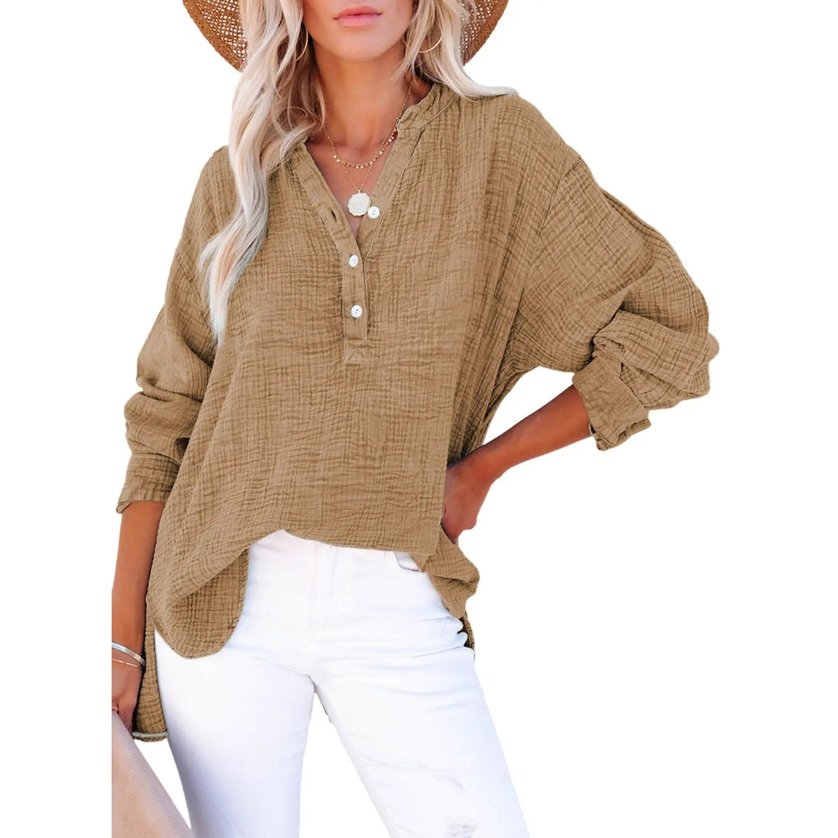 💝💝Womens Casual Button V Neck Long Sleeve Shirts Oversized Solid Blouses Tops
