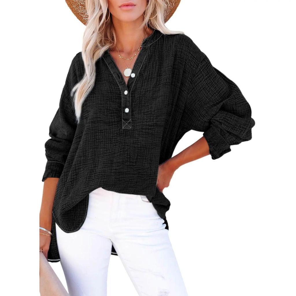💝💝Womens Casual Button V Neck Long Sleeve Shirts Oversized Solid Blouses Tops