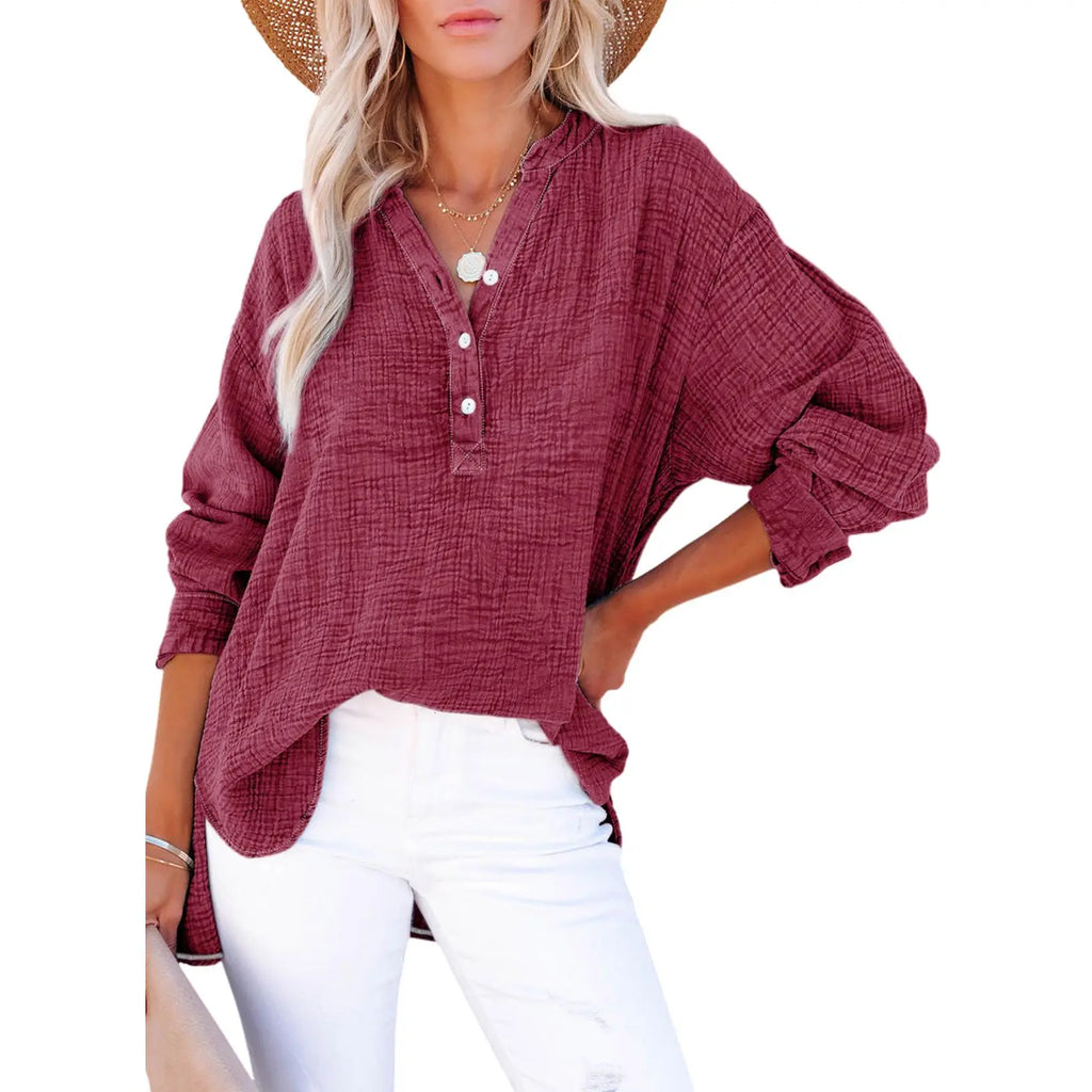 💝💝Womens Casual Button V Neck Long Sleeve Shirts Oversized Solid Blouses Tops