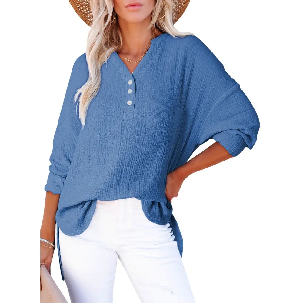💝💝Womens Casual Button V Neck Long Sleeve Shirts Oversized Solid Blouses Tops