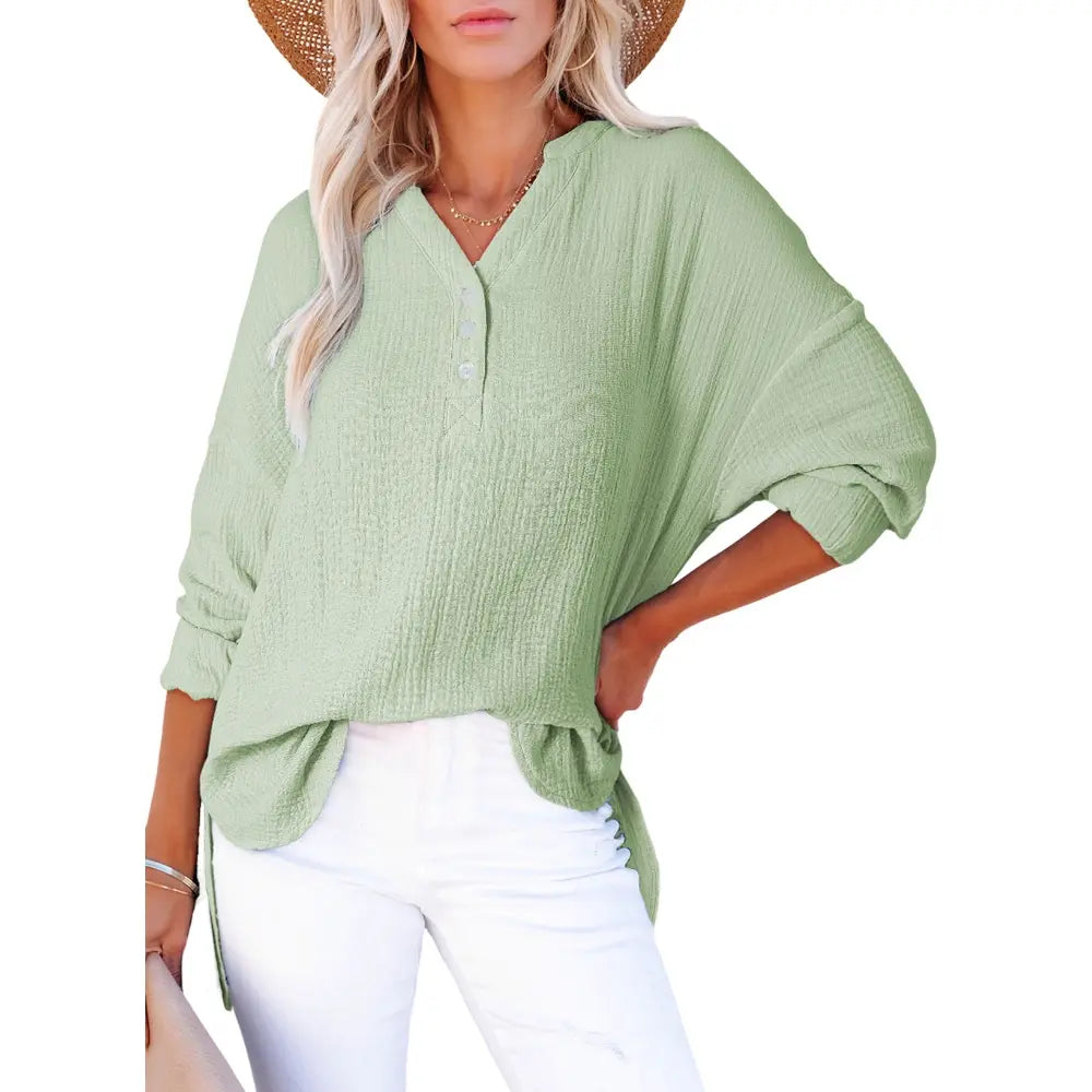 💝💝Womens Casual Button V Neck Long Sleeve Shirts Oversized Solid Blouses Tops