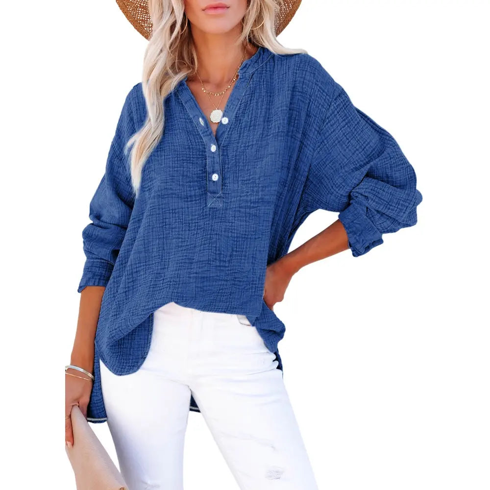 💝💝Womens Casual Button V Neck Long Sleeve Shirts Oversized Solid Blouses Tops