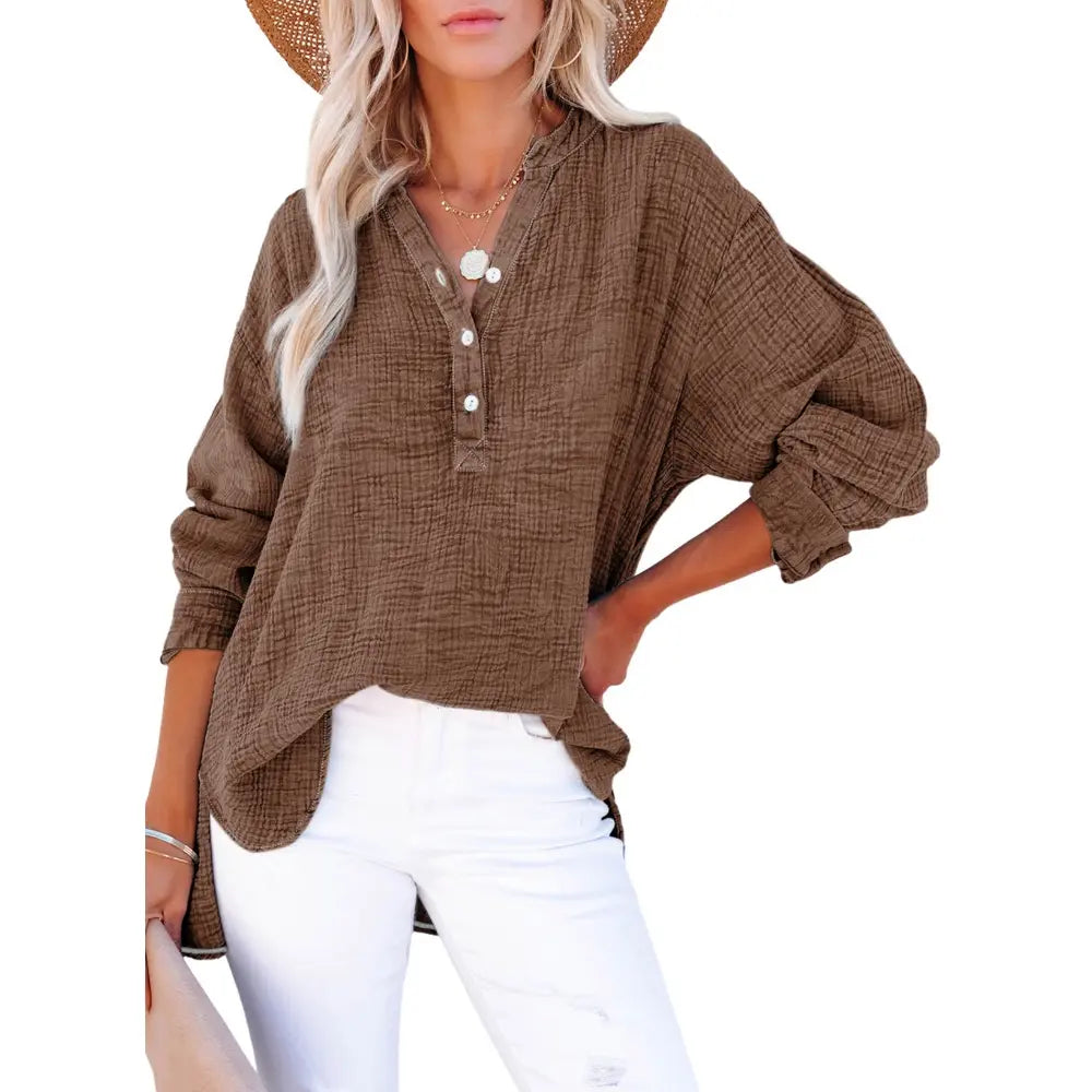 💝💝Womens Casual Button V Neck Long Sleeve Shirts Oversized Solid Blouses Tops