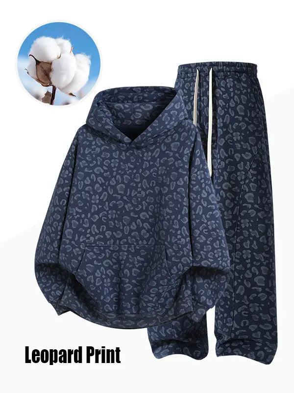 Unisex 100% Cotton 2-Piece All-Over Leopard Print Streetwear Set - Loose-Fit Hoodie & Wide-Leg Pants