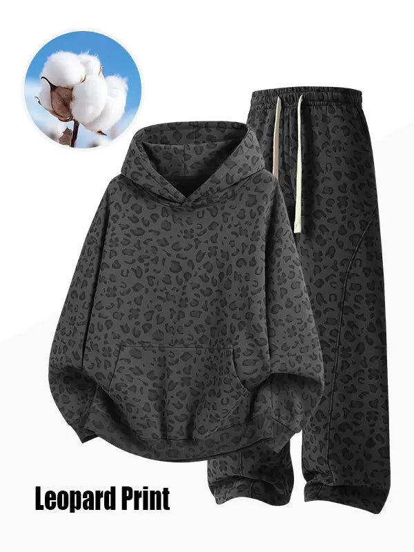 Unisex 100% Cotton 2-Piece All-Over Leopard Print Streetwear Set - Loose-Fit Hoodie & Wide-Leg Pants
