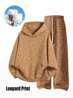 Unisex 100% Cotton 2-Piece All-Over Leopard Print Streetwear Set - Loose-Fit Hoodie & Wide-Leg Pants