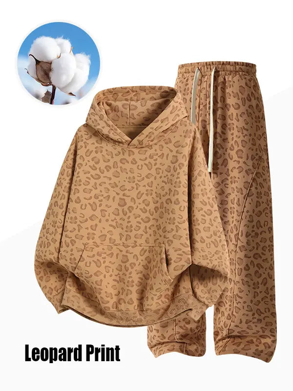 Unisex 100% Cotton 2-Piece All-Over Leopard Print Streetwear Set - Loose-Fit Hoodie & Wide-Leg Pants