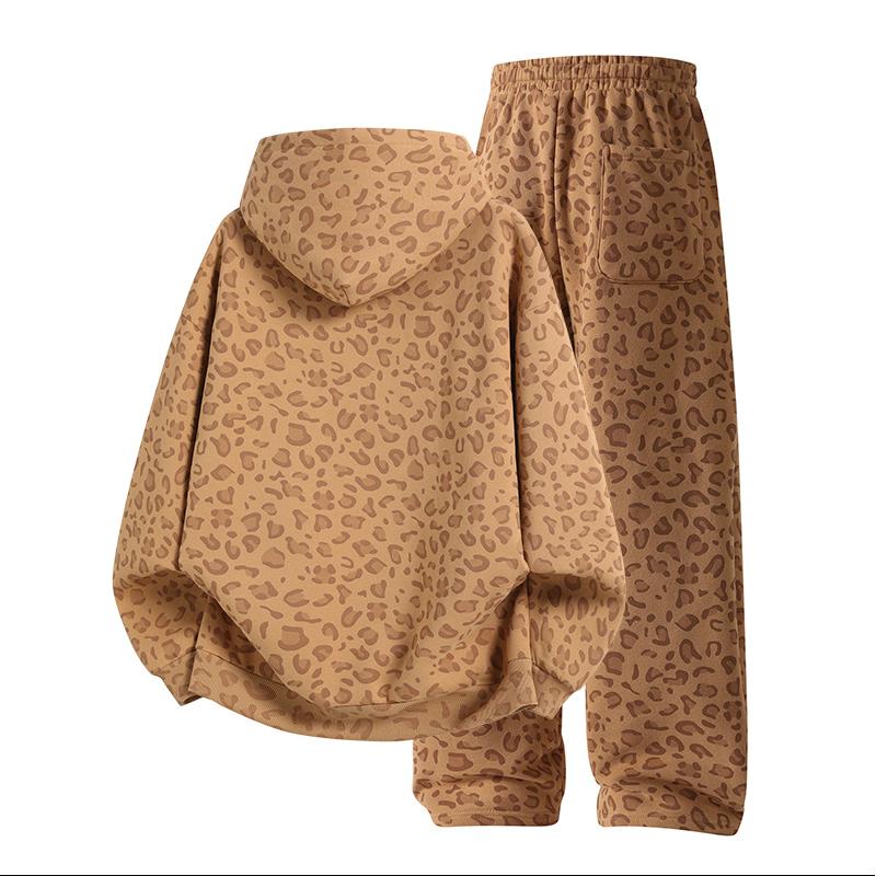 Unisex 100% Cotton 2-Piece All-Over Leopard Print Streetwear Set - Loose-Fit Hoodie & Wide-Leg Pants