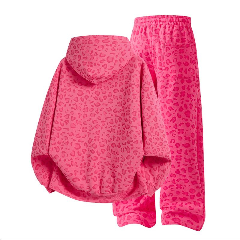Unisex 100% Cotton 2-Piece All-Over Leopard Print Streetwear Set - Loose-Fit Hoodie & Wide-Leg Pants