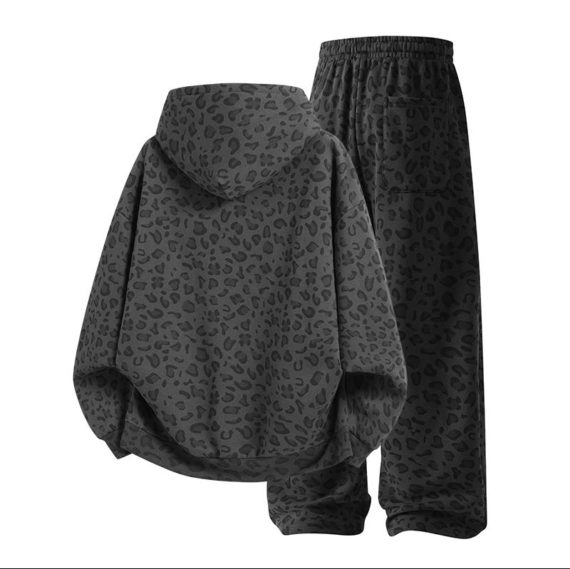 Unisex 100% Cotton 2-Piece All-Over Leopard Print Streetwear Set - Loose-Fit Hoodie & Wide-Leg Pants