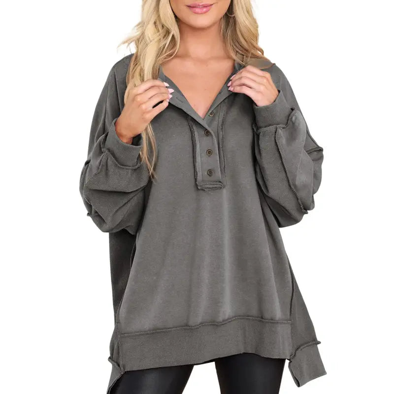 💝💝Women's Oversized Henley Sweatshirt Tunic – Long Sleeve V Neck Pullover Top, Cozy Casual Loose Fit Fall Sweater