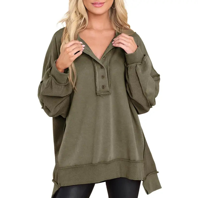 💝💝Women's Oversized Henley Sweatshirt Tunic – Long Sleeve V Neck Pullover Top, Cozy Casual Loose Fit Fall Sweater