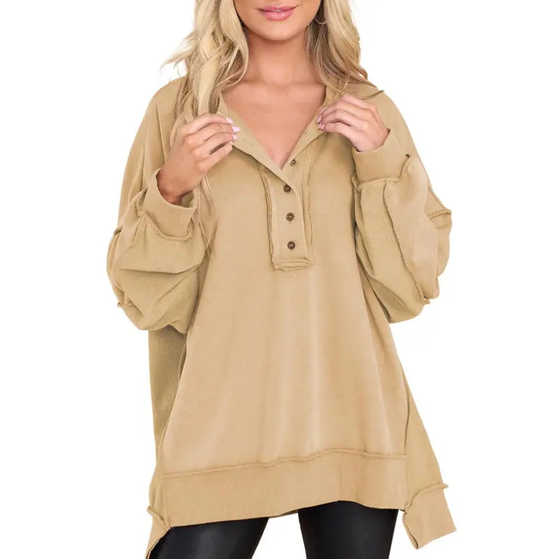 💝💝Women's Oversized Henley Sweatshirt Tunic – Long Sleeve V Neck Pullover Top, Cozy Casual Loose Fit Fall Sweater