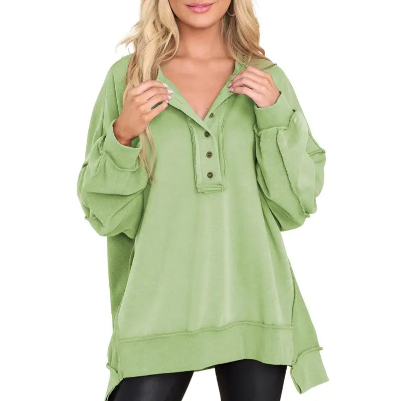 💝💝Women's Oversized Henley Sweatshirt Tunic – Long Sleeve V Neck Pullover Top, Cozy Casual Loose Fit Fall Sweater