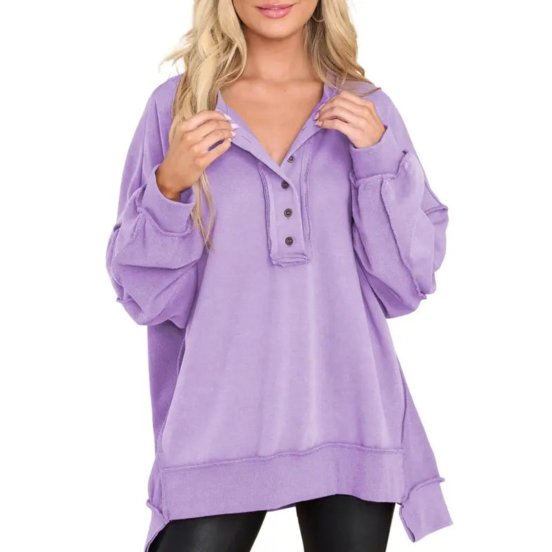 💝💝Women's Oversized Henley Sweatshirt Tunic – Long Sleeve V Neck Pullover Top, Cozy Casual Loose Fit Fall Sweater