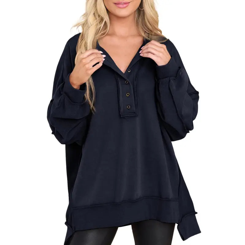 💝💝Women's Oversized Henley Sweatshirt Tunic – Long Sleeve V Neck Pullover Top, Cozy Casual Loose Fit Fall Sweater