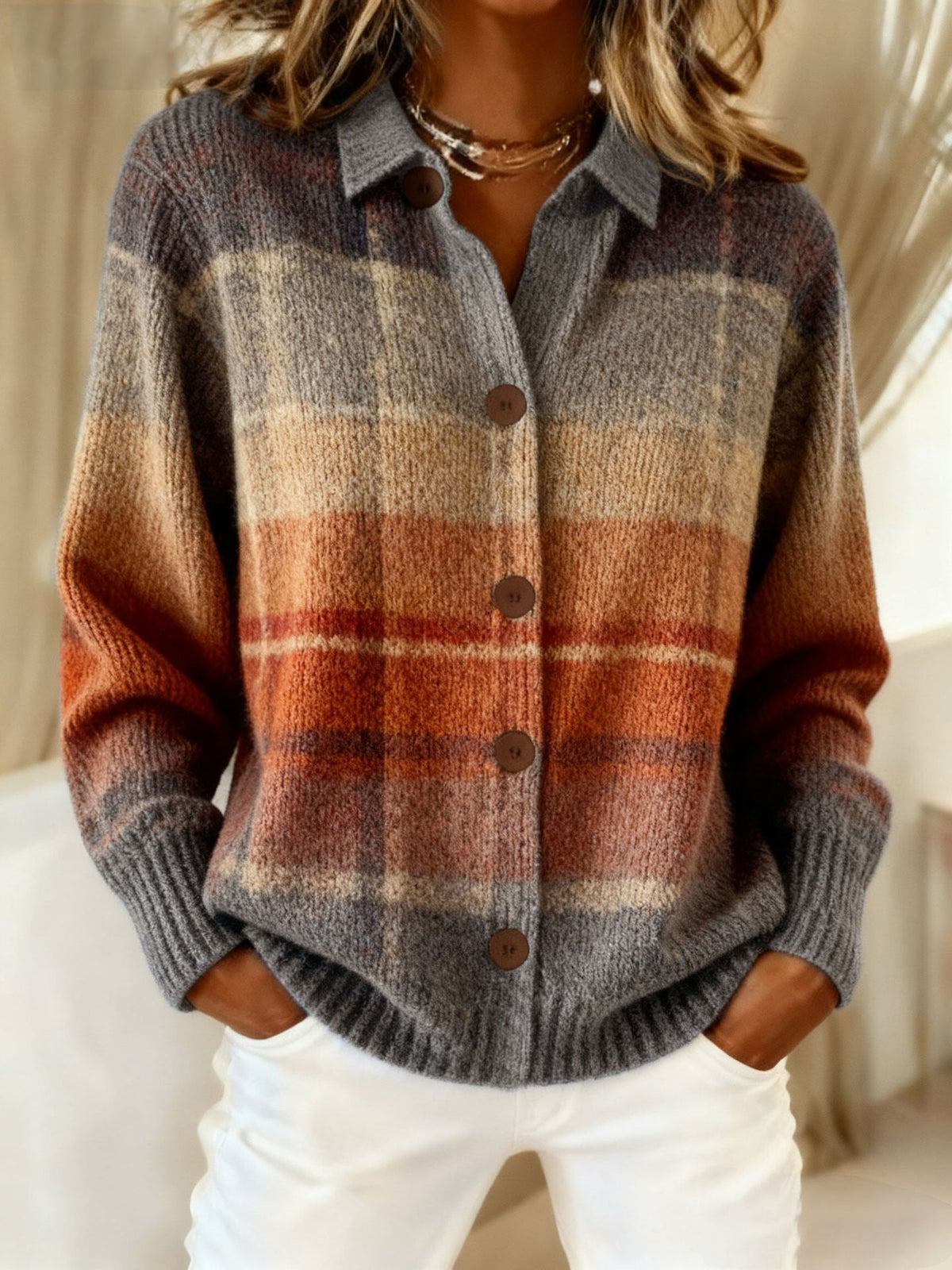 💝💝CLEARANCE SALE🔥 Women's Plaid Print Casual Cotton Buttoned Cardigan Sweater