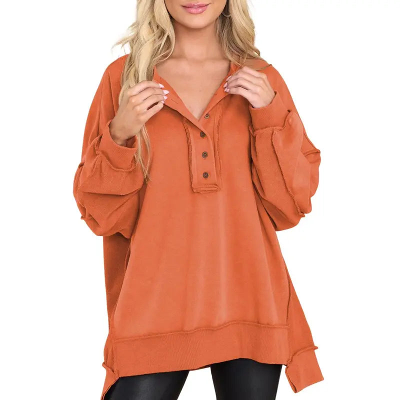 💝💝Women's Oversized Henley Sweatshirt Tunic – Long Sleeve V Neck Pullover Top, Cozy Casual Loose Fit Fall Sweater